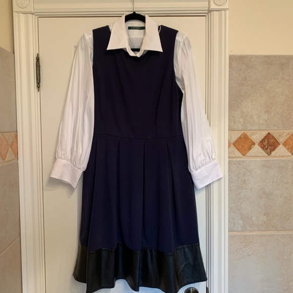 Calvin Klein Faux Leather Trim Fit&Flare Dress Blue/Black Size 12 - Picture 2 of 11